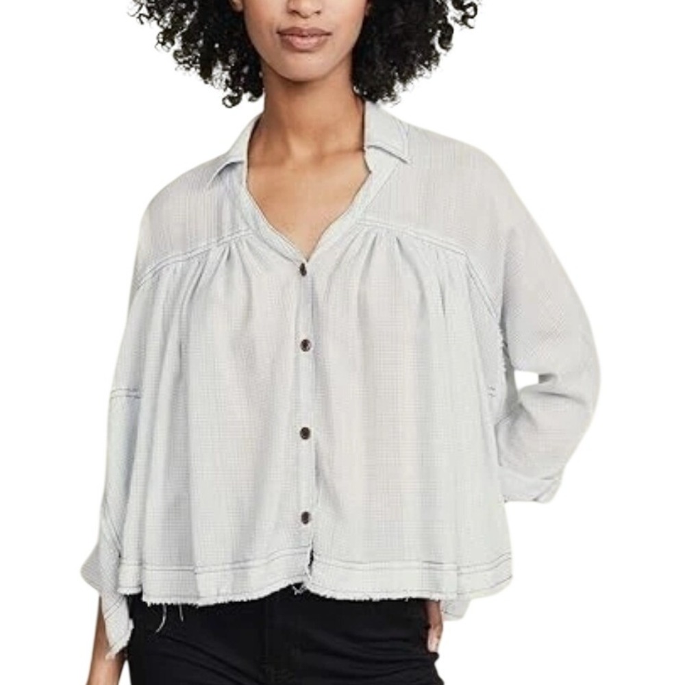 We The Free People Rainbow Picnic Slouchy Shirt Sz S Blue Gingham Raw‎ Hem Crop